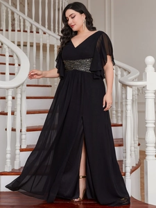 Detail of waist sequin embroidery and butterfly sleeves on V-neck chiffon evening gown