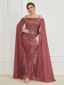 Detail of sequin embroidery and off-shoulder chiffon cape sleeves on a formal gown