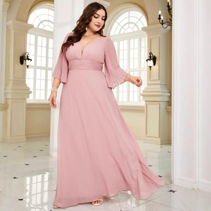 Elegant light pink V-neck pleated maxi dress with flared long sleeves for evening parties
