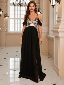 Detail of sequined waist and floral embroidery on a black V-neck chiffon evening gown