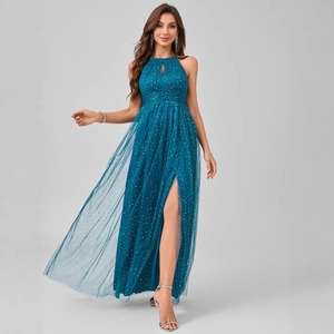 Elegant halter neck sequined evening gown with mesh overlay and high slit in teal blue