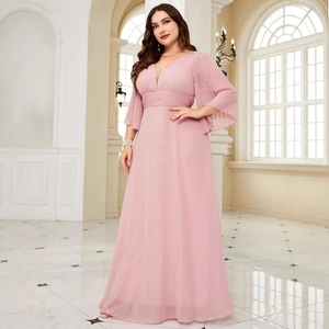 Elegant dusty rose V-neck maxi dress with pleated flare sleeves and cinched waistline