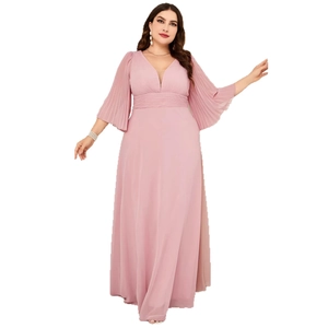Elegant V-neck pleated maxi dress with bell sleeves and cinched waist in lotus pink