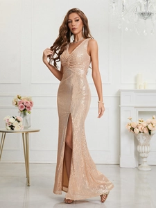 Detail of rose gold sequin evening gown with V-neck, waist knot and high leg slit