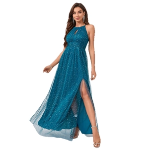 Elegant halter neck navy blue tulle evening dress with sparkling dots and high slit