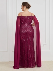 Detailed back view of burgundy sequined gown with elegant chiffon cape sleeves
