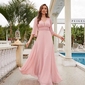 Elegant V-Neck Chiffon Evening Gown Pleated Flutter Sleeve Long Formal Dress For Women Banquet Party Wedding Host Gown