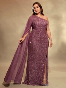 Detail of rose pink sequin evening gown with one-shoulder sheer cape sleeve and high slit
