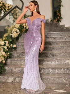 Detailed view of shimmering sequins and slim fit off-shoulder purple evening gown