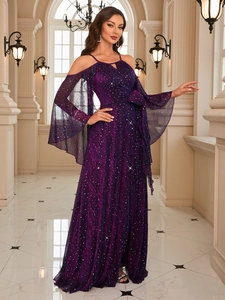 Macro detail of dark purple evening gown featuring shimmering sequins and butterfly sleeves