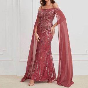 Detail of burgundy evening gown with sequin embroidery and long chiffon cape sleeves