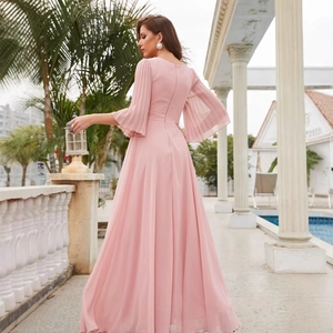 Elegant pink chiffon evening gown with V-neck, pleated flare sleeves and long flowy skirt