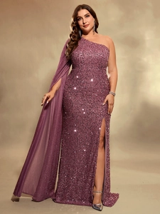 Close-up of elegant purple sequined gown featuring a one-shoulder cape sleeve and high slit
