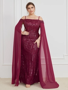 Detail of burgundy sequin evening gown featuring chiffon cape sleeves and delicate straps