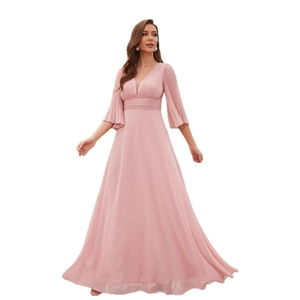 Elegant V-neck chiffon evening gown in mauve with pleated long sleeves and A-line silhouette