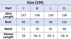 Detailed size chart in CM for V-neck long evening dress showing S to XL dimensions