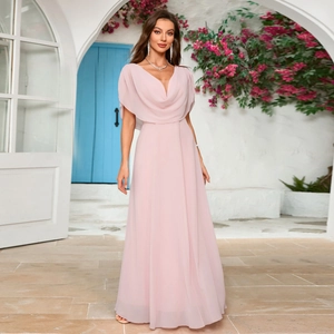 Elegante Abito Maxi in Chiffon con Scollo a V e Cappuccio da Donna Manica a Mantella Vita Alta Linea A Abito da Damigella