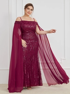 Detail of burgundy sequin evening gown with chiffon cape sleeves and sparkling textures
