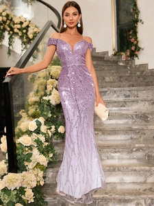 Detail of off-the-shoulder lavender sequin evening gown with elegant V-neck and shimmering fabric