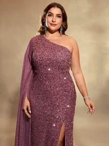 Detail showing shimmering purple and silver sequins on the elegant high-slit evening gown