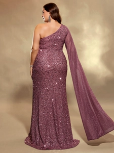 Detail of elegant purple sequin evening gown with one-shoulder draped cape sleeve design