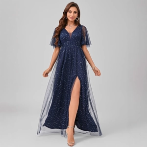 Elegantes Marineblau Pailletten Netz Abendkleid Für Damen V Ausschnitt Schmetterlingsärmel Hoher Schlitz Sternenhimmel Formelles Party Kleid