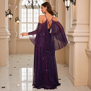Elegant purple sequined backless evening gown with cape sleeves and floor-length silhouette