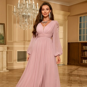 Robe de soirée élégante en mousseline à col en V avec manches bouffantes et détails pailletés