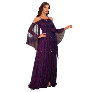 Deep purple sequin off-shoulder evening gown with flared sleeves and belted waistline