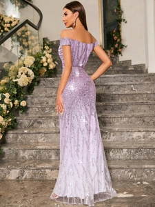 Detail of lavender sequined mermaid gown with off-shoulder neckline and slim fit design