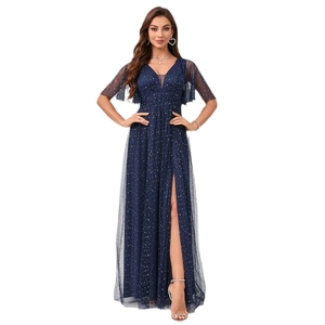 Dunkelblaues Pailletten-Abendkleid mit Netzärmeln, V-Ausschnitt und Seitenschlitz
