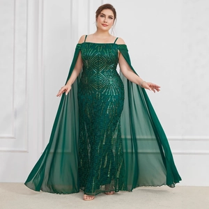 Women Plus Size Sequined Evening Gown Elegant Off-Shoulder Mermaid Dress With Chiffon Cape Sleeves Wedding Party Dress