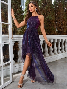 Detail of purple sequin evening dress with halter neck and ruffled asymmetric hemline