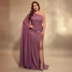Elegant one-shoulder sequin lavender evening gown with long cape sleeve and high slit