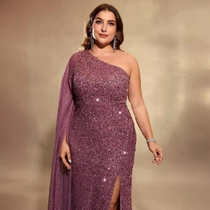 Elegant purple sequin evening gown with one-shoulder cape sleeve and high slit