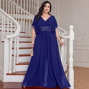 Women Plus Size V Neck Flutter Sleeve Sequin Waist Chiffon Maxi Evening Gown With High Slit Elegant Party Dress