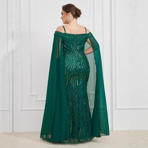 Elegant emerald green sequin mermaid gown with off-shoulder chiffon cape sleeves