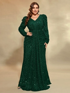 Robe de soirée élégante en sequins vert foncé avec col en V, manches bouffantes et plis