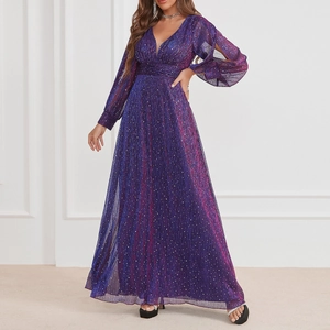 Elegant V-Neck Long Sleeve Sequined Evening Maxi Dress Pleated Cinched Waist Formal Gown For Party Banquet Women Luxury Dress