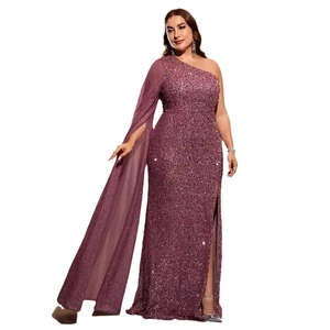 Elegant one shoulder sequins evening gown in fuchsia with cape sleeve and high slit
