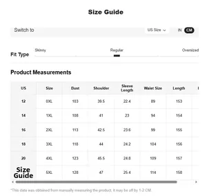 Detailed size chart for elegant gold sequin evening dress from US sizes 12 to 22 (0XL-5XL)