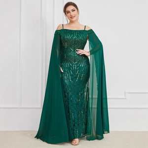 Elegant dark green sequined evening gown with off-shoulder straps and chiffon cape sleeves