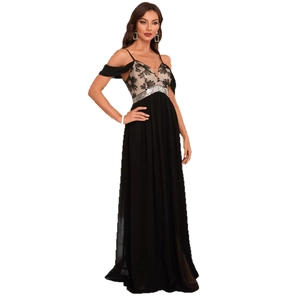 Elegant V-neck sequined long chiffon evening gown with floral embroidery and thin straps