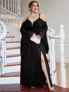 Elegant black plus size evening gown featuring cold-shoulder bell sleeves and high slit