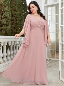 Detail of beaded sequins and embroidery on V-neck chiffon plus size bridesmaid maxi dress
