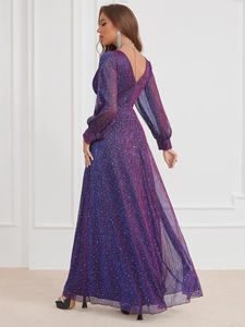 Detail of elegant gradient purple and blue sequin evening gown with open back and V-neckline