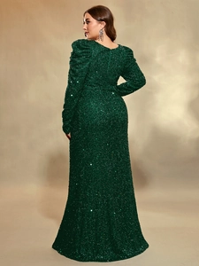 Robe de soirée élégante à paillettes vert émeraude avec manches bouffantes longues