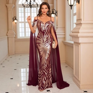Burgundy V-neck sequined evening gown with gold leaf embroidery and chiffon cape