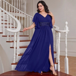 Elegant plus size royal blue V-neck dress with flutter sleeves and sequin waist belt