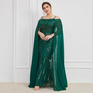 Elegant emerald green off-shoulder sequin evening gown with sheer chiffon cape sleeves